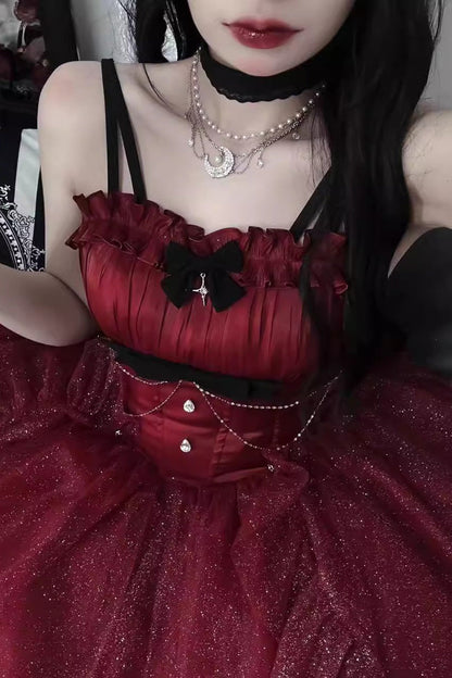 Crimson Gorgeous Lolita JSK Dress with Shiny Bow and Train