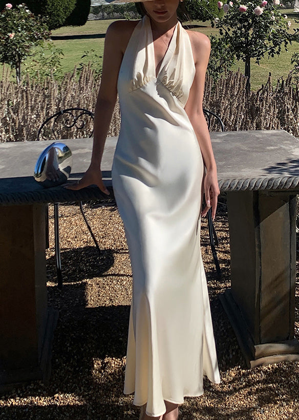 Dresses V Solid Silk Neck Sleeveless Long Art Backless Beige