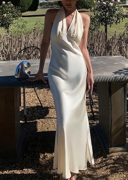 Dresses V Solid Silk Neck Sleeveless Long Art Backless Beige