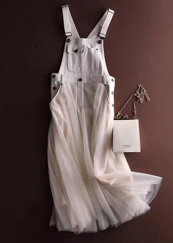 Unique Dress White Summer Patchwork Tulle Denim Strap