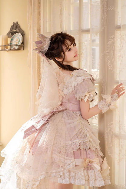 Blush Short-Sleeve Multi-Tier Ruffle Bow Lace Dress (2 Versions) - Girls' Day
