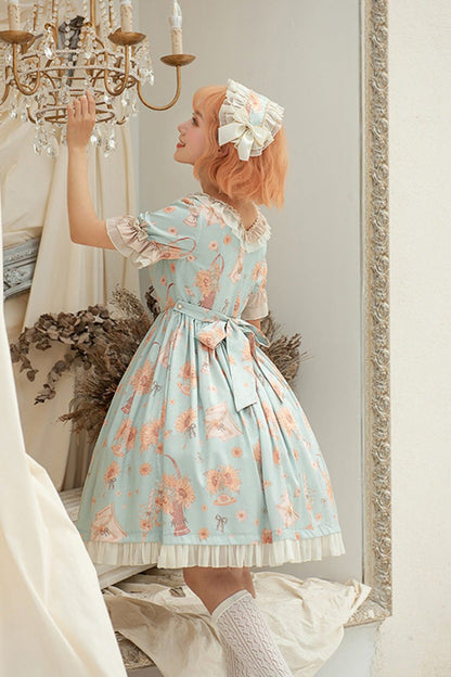 Emerald Sunflower Print Ruffled Bow Short-Sleeve Lolita Dress