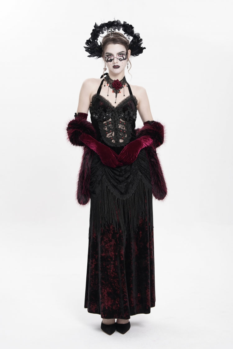 Crimson Gothic Maxi Dress with Floral Embroidery and Lace-Up Pleats