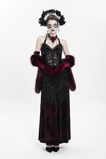 Crimson Gothic Maxi Dress with Floral Embroidery and Lace-Up Pleats