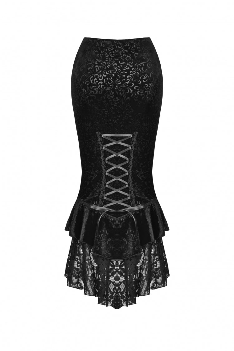 Women's Gothic Dovetail Wrap Skirt with Lace and Lace-Up in Black Jacquard