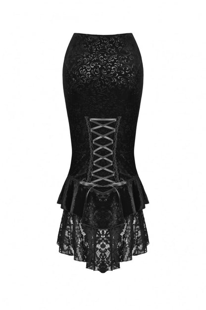 Women's Gothic Dovetail Wrap Skirt with Lace and Lace-Up in Black Jacquard