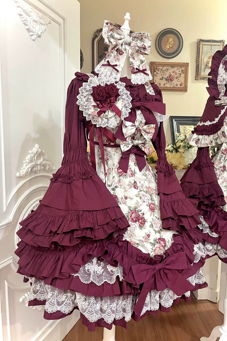 Off Shoulder Ruffled Bow Lace Gothic Lolita JSK Dress with Rose Print