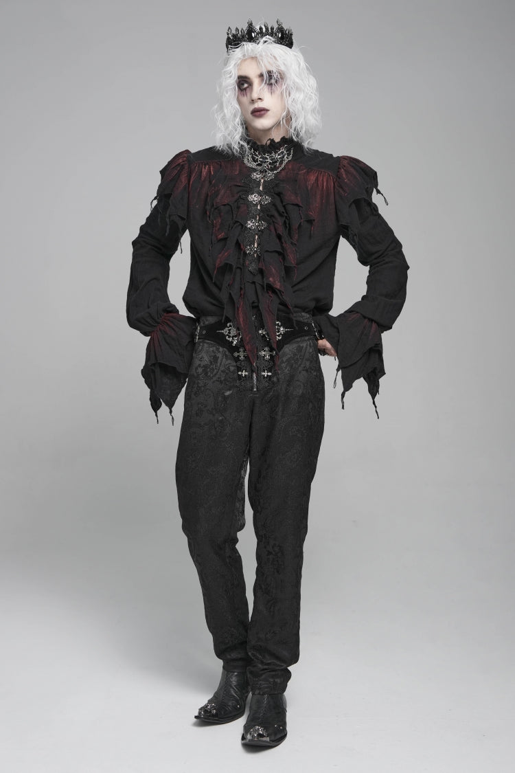 Crimson & Obsidian Stand Collar Long Sleeves Ruffled Plunging Gothic Shirt