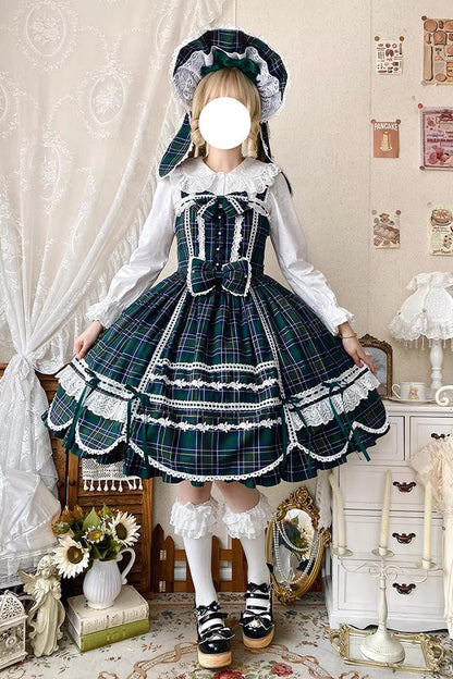 Emerald Gingham Petal Bunny Printed Ruffled Bow Sweet JSK