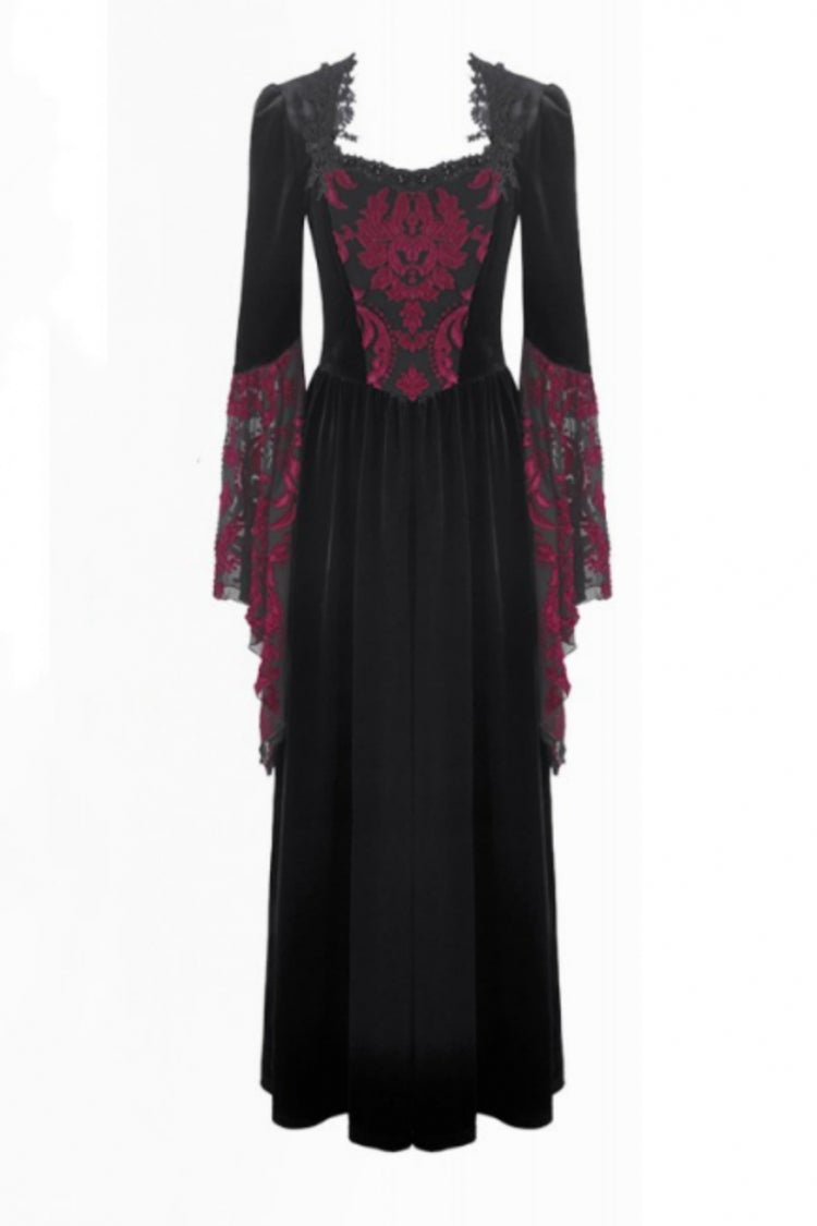 Crimson & Obsidian Square Collar Long Flare Puff Sleeves Lace Victorian Velvet Long Dress