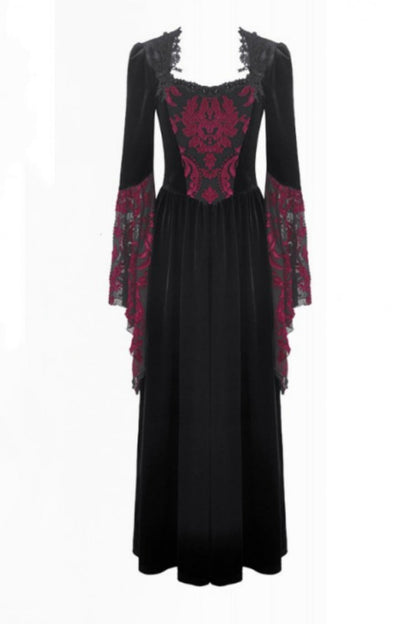 Crimson & Obsidian Square Collar Long Flare Puff Sleeves Lace Victorian Velvet Long Dress