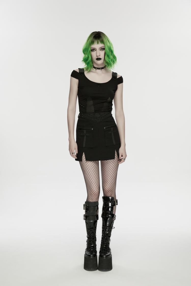Zippered Skull Embroidered Big Pocket Punk Skirt for Women