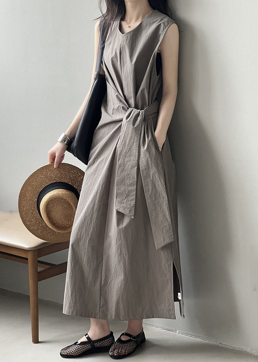Pockets Grey V Cotton Long Sleeveless Design Dress Neck Original