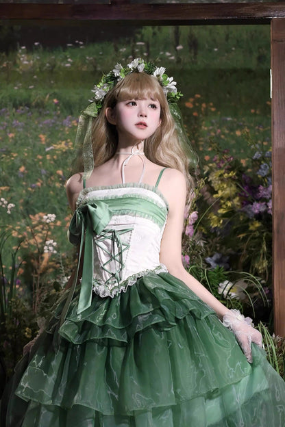 Emerald Snow Lily Valley Sleeveless Triple-Ruffle Bow Lace-Up Skirt Set