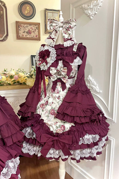 Off Shoulder Ruffled Bow Lace Gothic Lolita JSK Dress with Rose Print