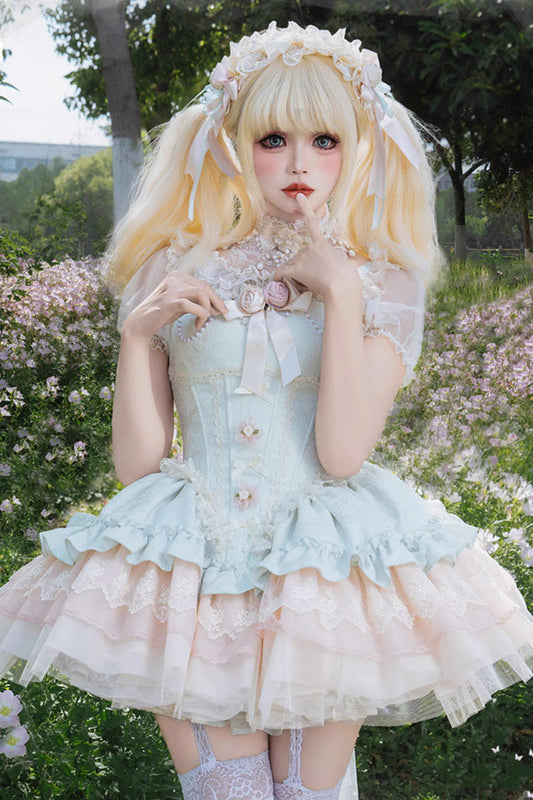 Emerald Sleeveless Multi-Layer Ruffle Bow Lace Slim Sweet Ballet Lolita Jumper Dress