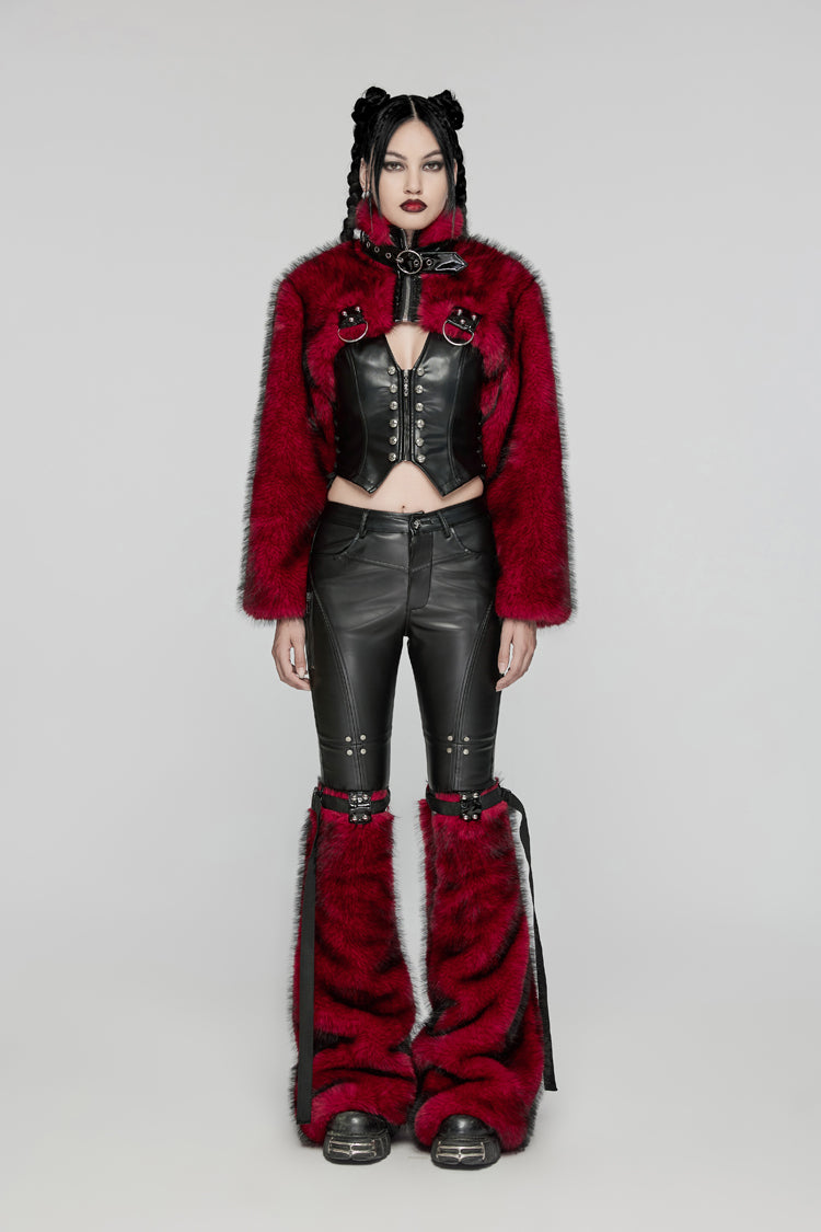 Crimson High-Neck Punk Faux Fur Cropped Jacket with Long Sleeves