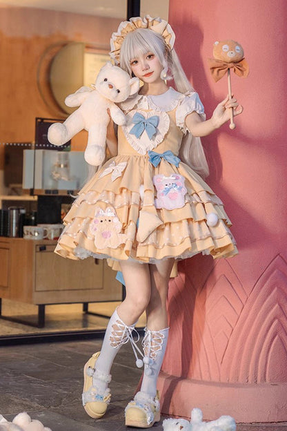 Bear Cheese Multi-Layer Print Ruffle Bow Sweet Lolita Dress