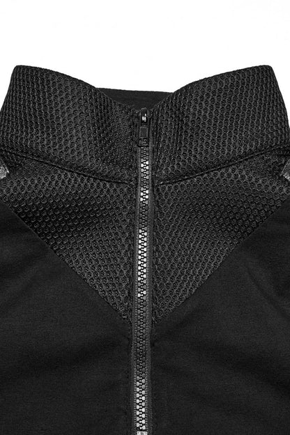 Men's Black Punk Vest, Sleeveless with Mesh, Stitching and Zipper