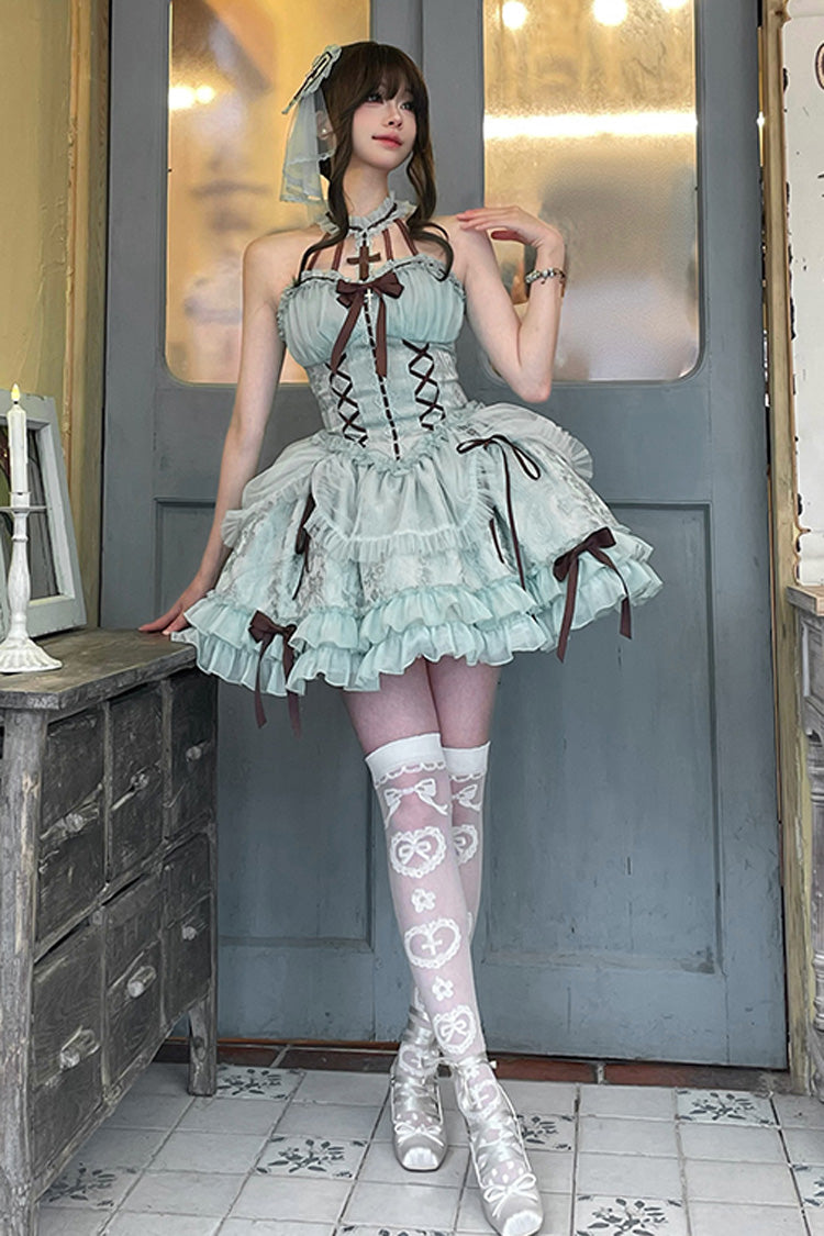 Mint Halterneck Cross Bow Lace-Up Ruffled Lolita Gown