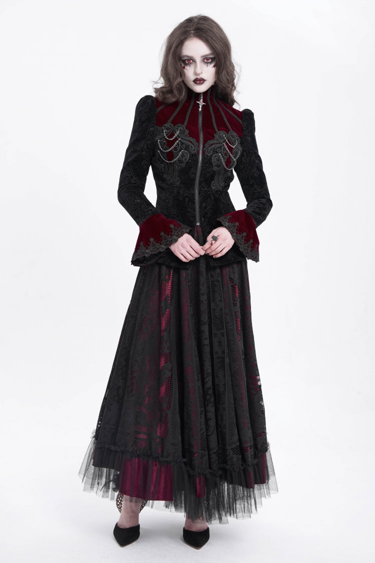 Crimson & Obsidian Stand Collar Long Trumpet Sleeves Embroidery Gothic Jacket