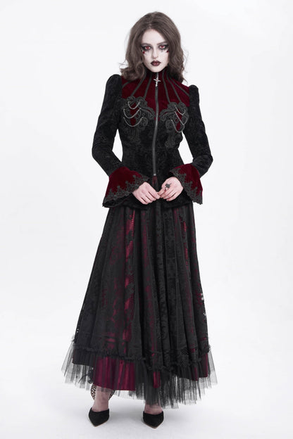 Crimson & Obsidian Stand Collar Long Trumpet Sleeves Embroidery Gothic Jacket