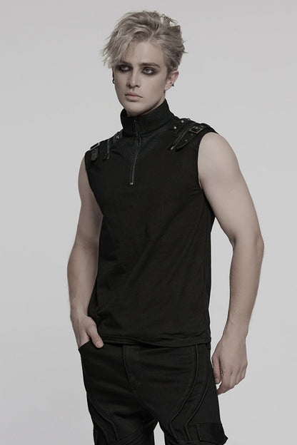 Men's Black Punk Vest, Sleeveless with Mesh, Stitching and Zipper