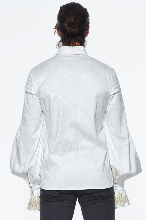 Gothic Men's Blouse with Embroidered Ruffled Sleeves & Jacquard Detail, Cream