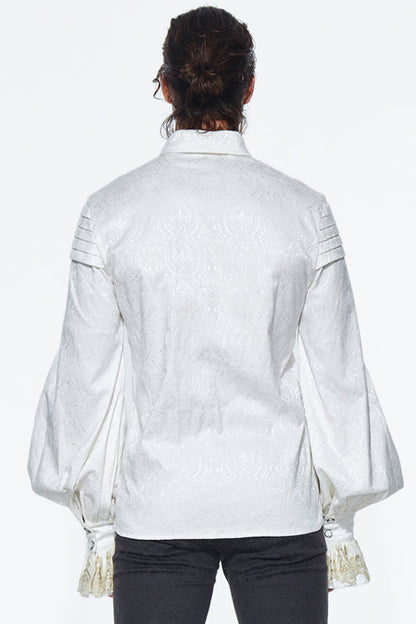 Gothic Men's Blouse with Embroidered Ruffled Sleeves & Jacquard Detail, Cream