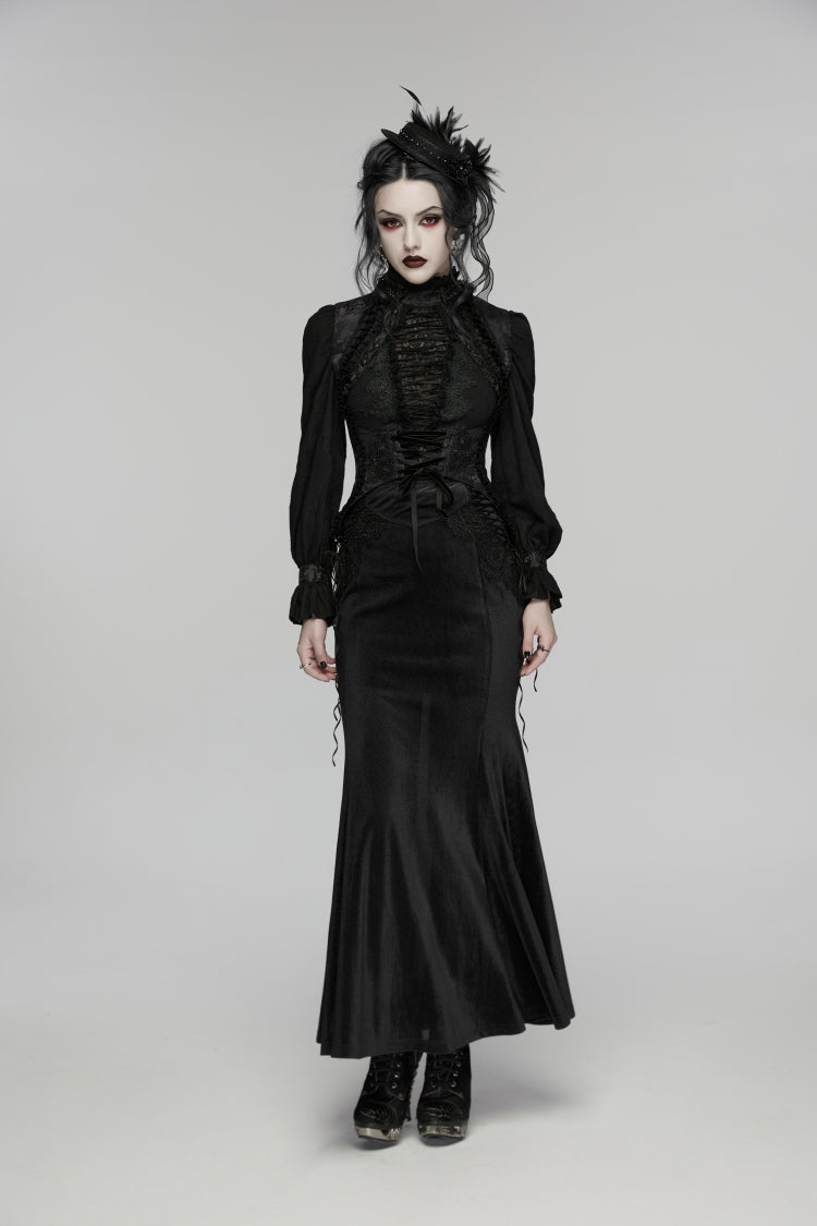 Gothic Slim Vest with Black Jacquard Embroidered Lace and Lace-Up Front