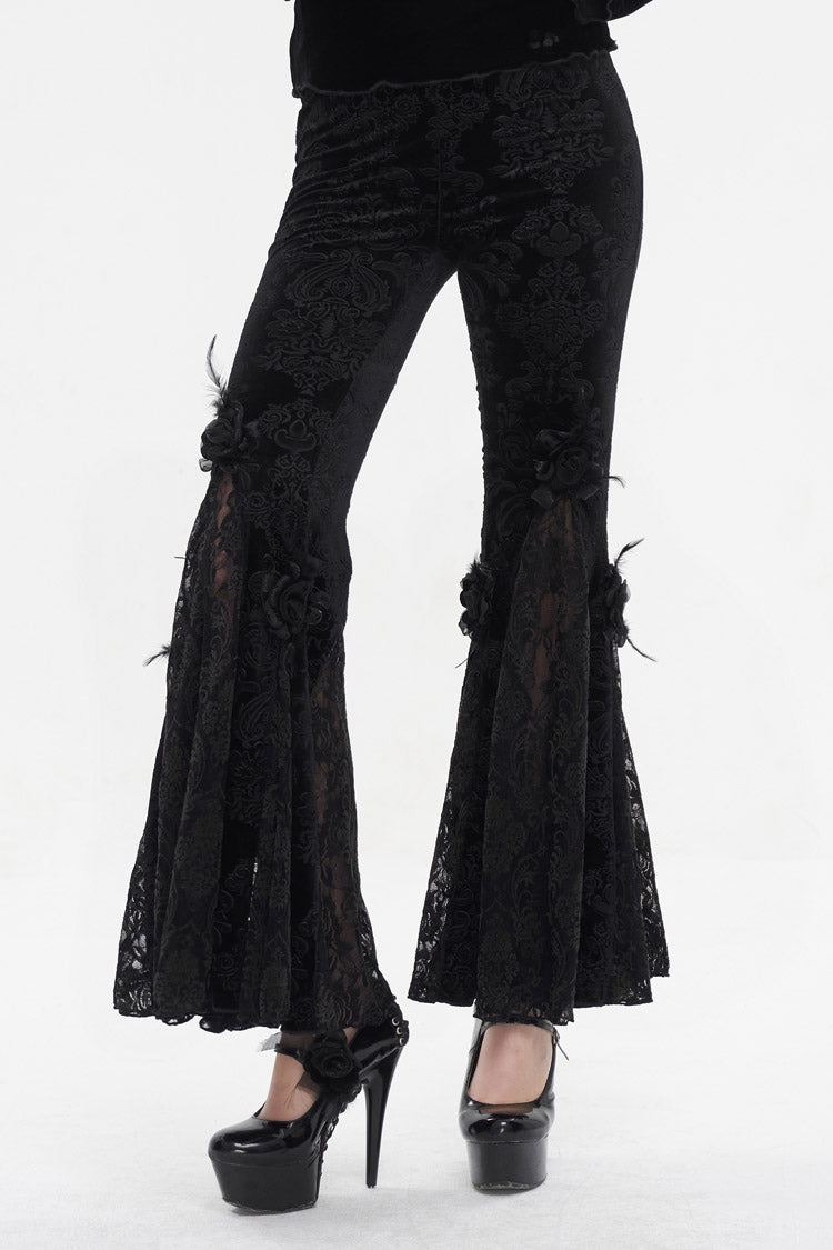 Dark Floral Lace Trimmed Flared Trousers for Women - Gothic