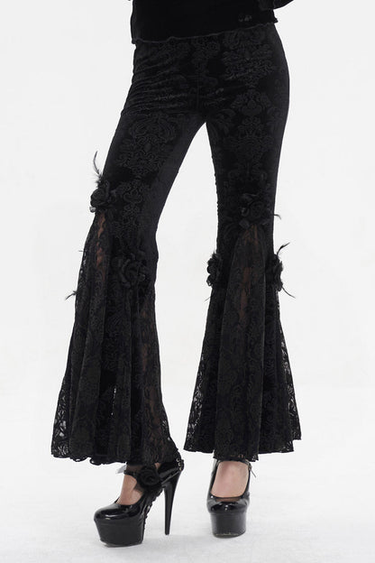 Dark Floral Lace Trimmed Flared Trousers for Women - Gothic