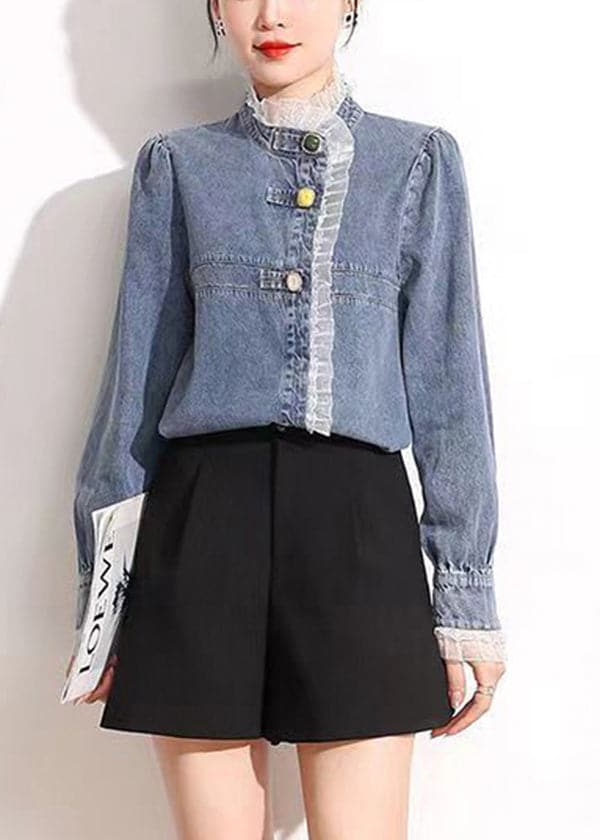 French Blue Stand Collar Asymmetrical Patchwork Lace Cotton Denim Coats Long Sleeve AJ1005