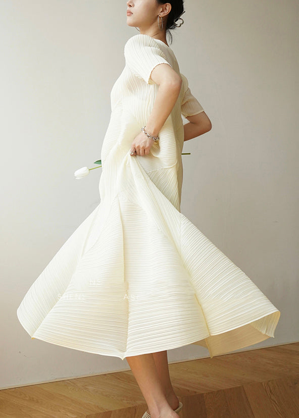 Cotton French Dresses Beige Style Summer Wrinkled