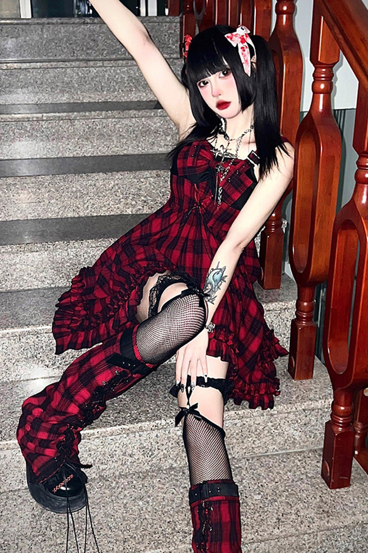 Crimson Gothic Lolita JSK Dress with Irregular Plaid Print