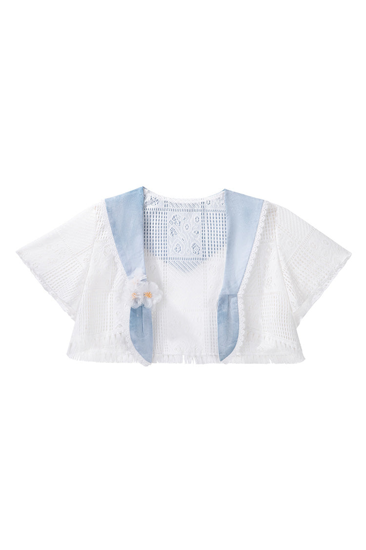 Azure Clouds Resting in the Wilderness Print Ruffle Embroidery Bow Lace Irregular Lolita Jumper Dress