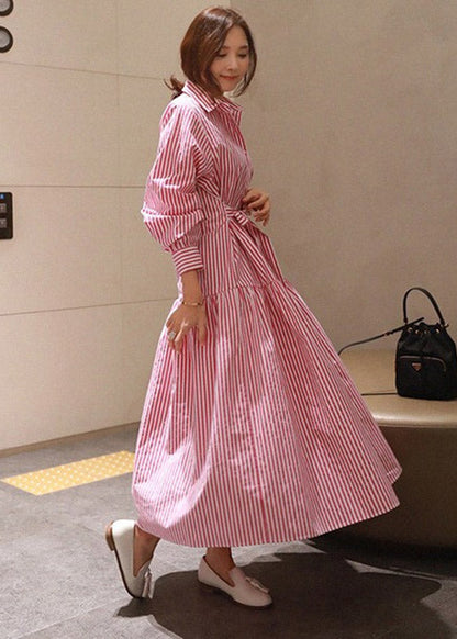 Pan Collar DIY Wrinkled Striped Waist Button Tie Peter Red Cotton