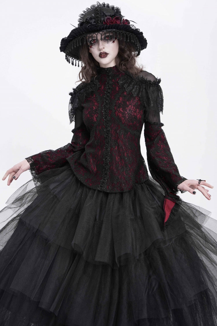 Crimson High-Neck Gothic Lace Blouse with Embroidered Flared Sleeves