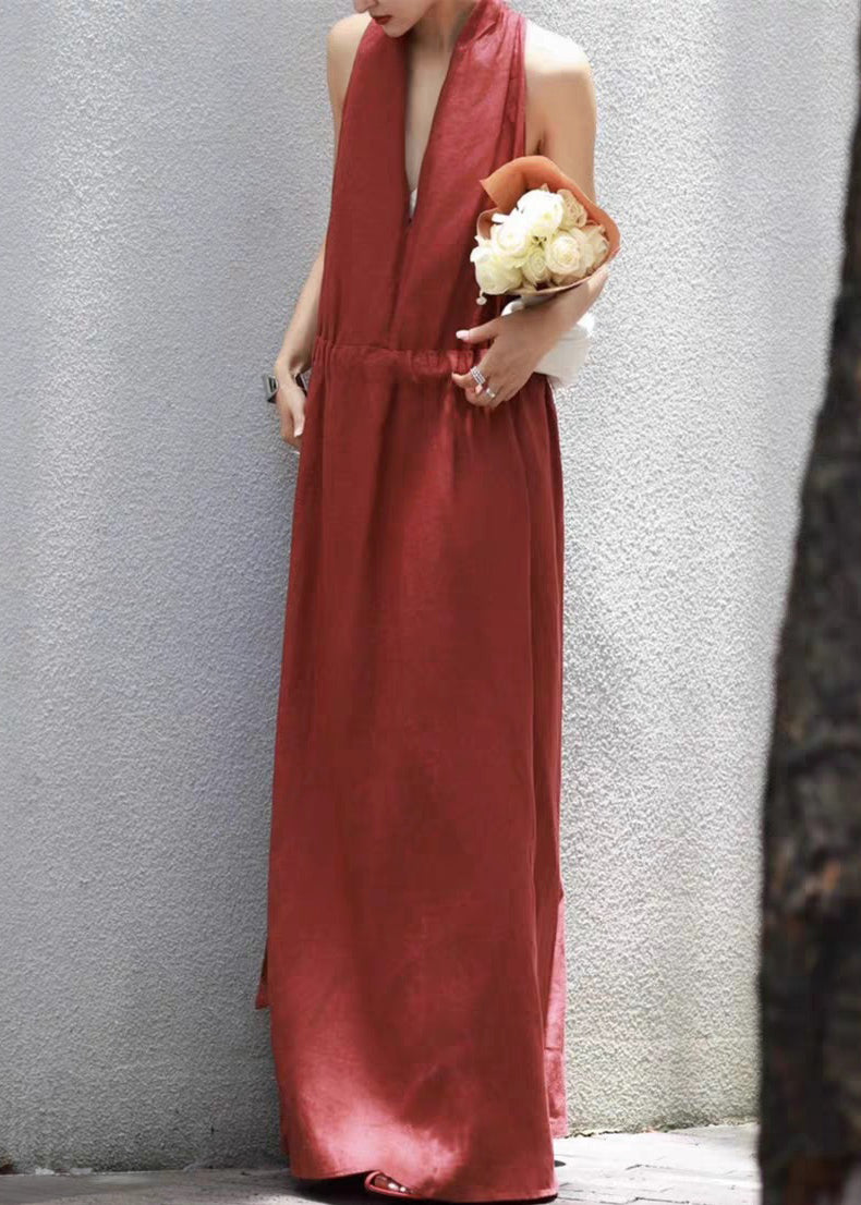 Neck Dress Solid Cotton Long Red Up Summer Lace V