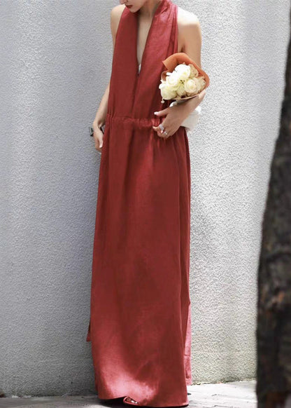 Neck Dress Solid Cotton Long Red Up Summer Lace V