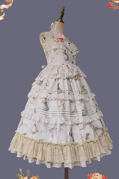 Multi-Layer Ruffle Sweet Elegant Lolita JSK Dress with Rabbit Dance Print - 4 Colors