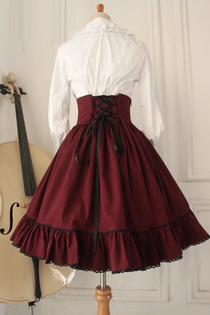 Gothic Lolita Skirt Dress with Fishbone Corset and High Waist in Wine - DarkAcademia
