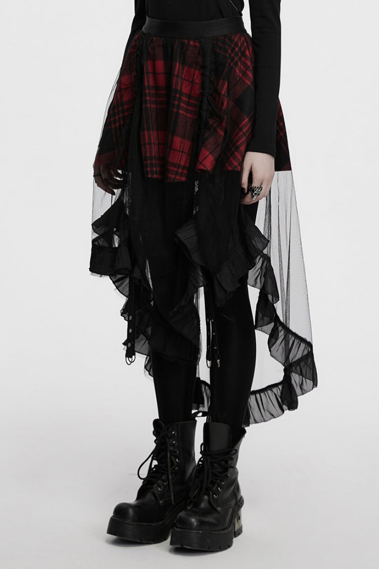 Crimson & Obsidian Ruffle Stitching Mesh Plaid High/Low Gothic Skirt