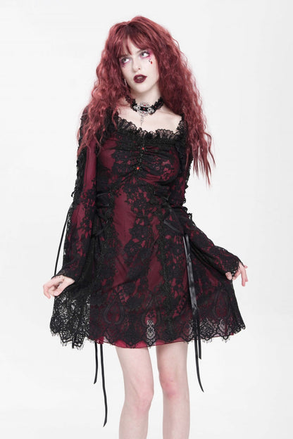 Crimson Square-Neck Gothic Dress with Floral Embroidery and Lace-Up