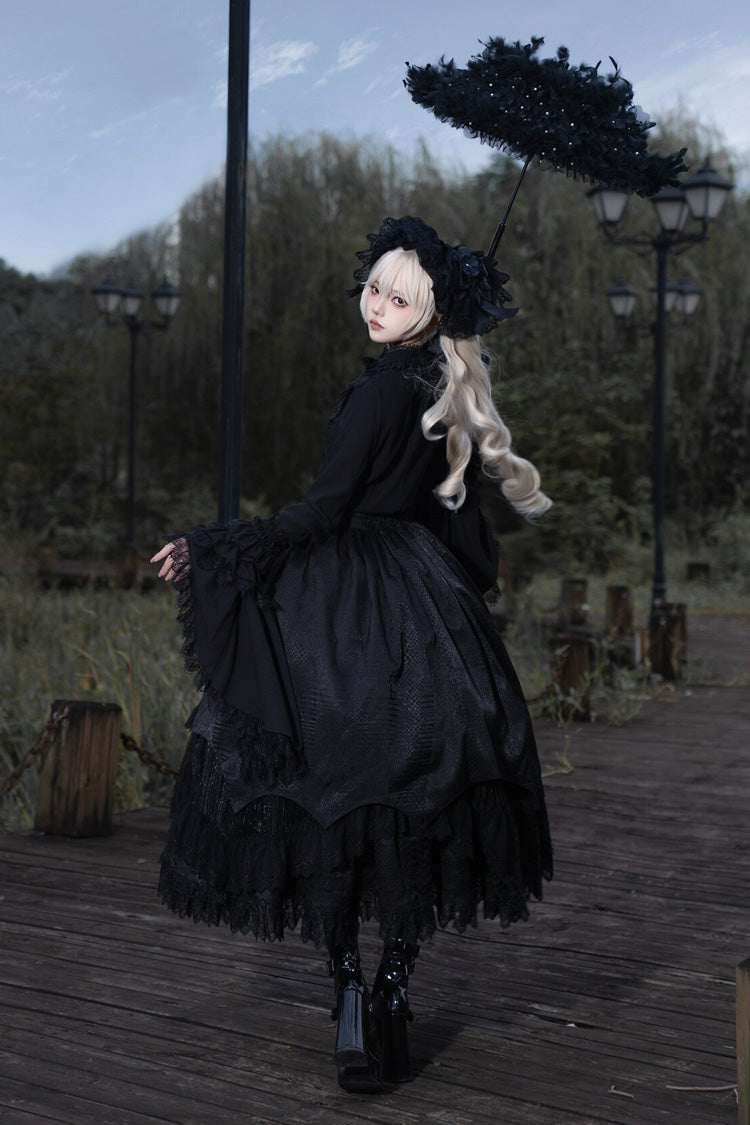 Ebony Layered Lace-Trimmed Open Front Gothic Petticoat Skirt - Immortality Taboo