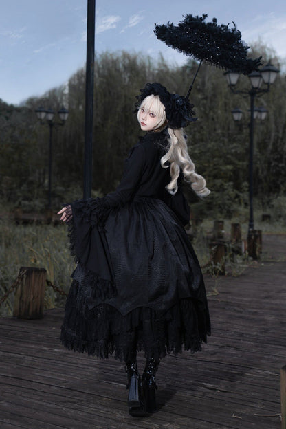 Ebony Layered Lace-Trimmed Open Front Gothic Petticoat Skirt - Immortality Taboo