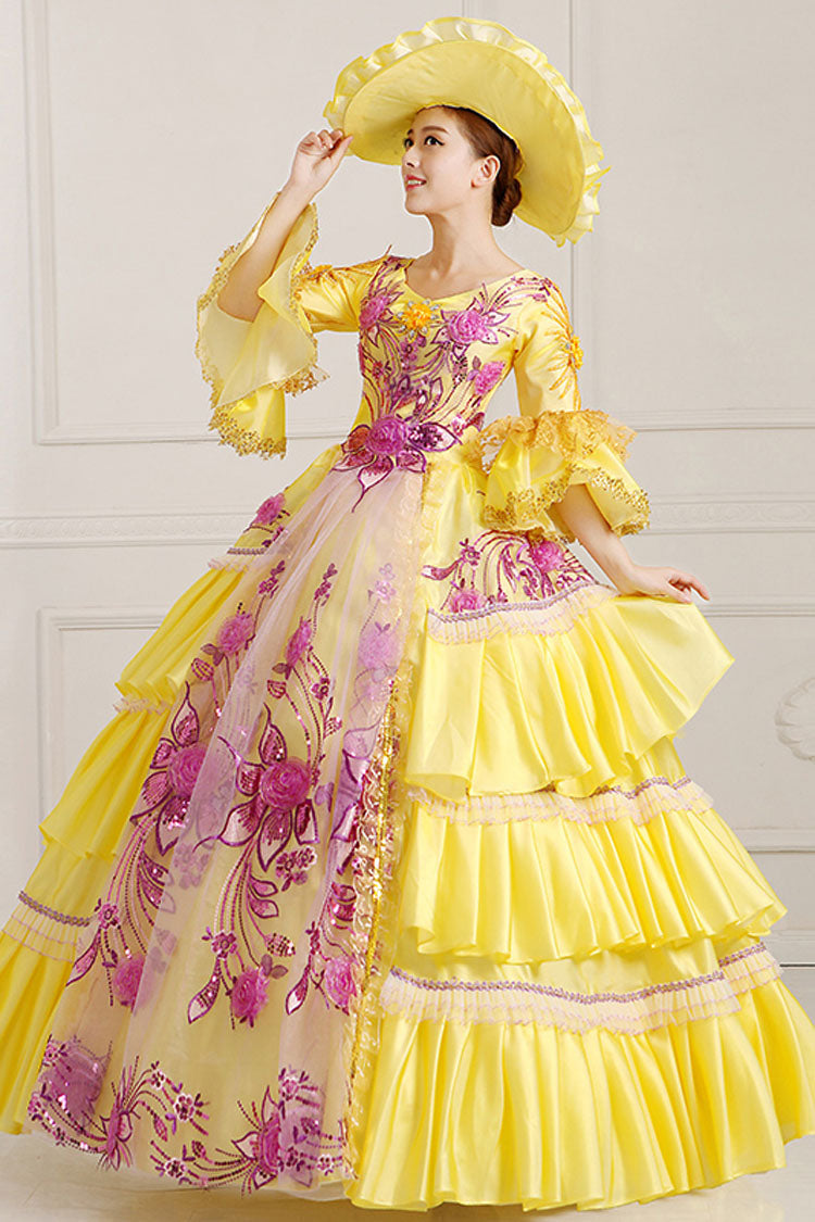 Half Princess Sleeve High Waist Lace Hollow Embroidery Floral Victorian Gown