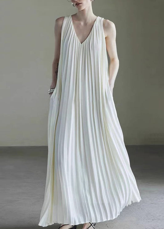 Wrinkled Long Dress Simple Neck V White Sleeveless Chiffon