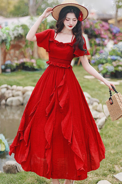 Crimson Halterneck Vintage Lolita Long Skirt Set with Ruffles