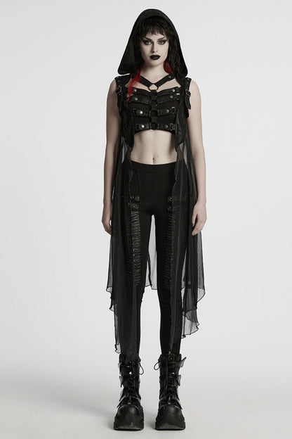 No-Sleeve Hooded Mesh Punk Harness Waistcoat